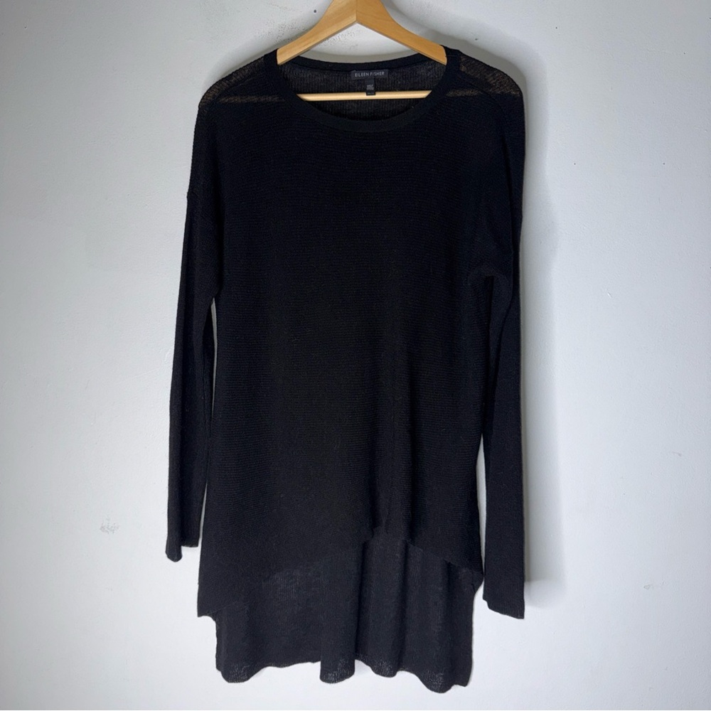 Eileen Fisher Black Long Sleeve Wool Alpaca Blend  Sheer Tunic Sweater XS